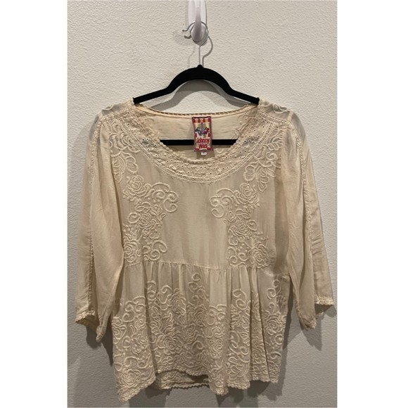 JOHNNY WAS Ivory Embroidered 3/4 Sleeve Round Neck Blouse - Picture 1 of 4